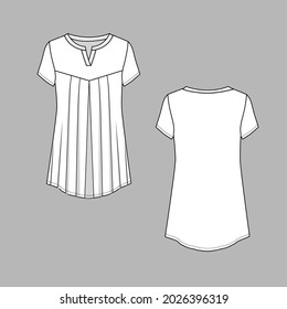 Womens Pleated Tunic Tops  Front A Line Flare Hem Notch neck  Flat Sketch technical Drawing Vector Design
