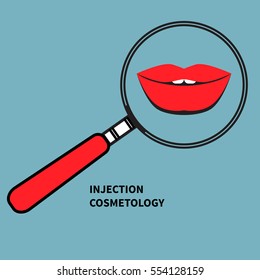 Women's plump red lips under magnifying glass. Icon injection cosmetology. Vector illustration