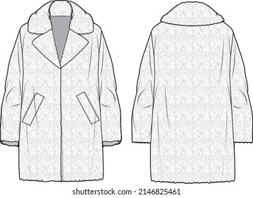 Women's Plush Teddy Long Line Coat. Coat technical fashion illustration. Flat apparel coat template front and back, white colour. Women's CAD mock-