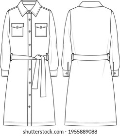 Women's Pocket Detail, Belted Denim Shirt Dress - Shirt Dress Technical Fashion Illustration. Flat Apparel Dress Template Front And Back, White Color. Women's CAD Mock-up.