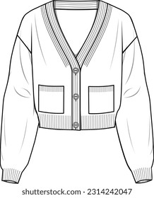 Women's Pocket Detail Cardigan. Technical fashion illustration. Front, white colour. Women's CAD mock-up.