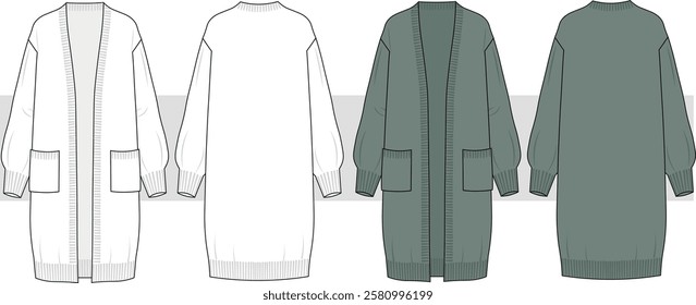 Women's Pocket Detail Long  Cardigan, technical fashion illustration. Front and back view, Women's CAD mock-up.	