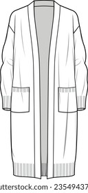 Women's Pocket Detail Long Line Cardigan. Technical fashion illustration. Front, white colour. Women's CAD mock-up.