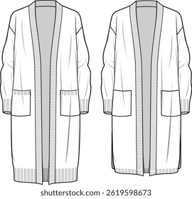 Mulheres Bolso Detalhe Long Line Cardigan. Ilustração de moda técnica. Frente, de cor branca. Maquete de CAD feminino.