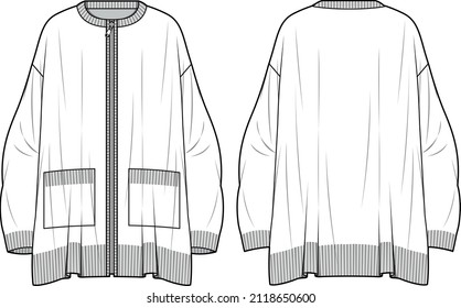 Women's Pocket Detail, Zip Front Cardigan. Cardigan technical fashion illustration. Flat apparel cardigan template front and back, white color. Unisex CAD mock-up.