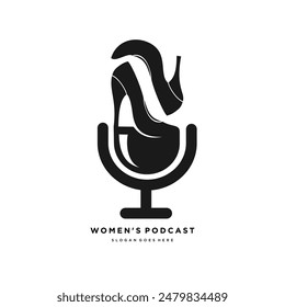 women's podcast logo.creative design template podcast mic with women's shoes.women's podcast entertainment sign.vector illustration.eps 10