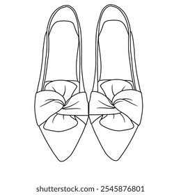 Zapatos planos de ballet de punta puntiaguda de las mujeres con arco Cómodo punto Zapatos planos elegantes Arte de línea, bosquejo técnico Dibujo a mano Esquema Vector doodle vista superior aislado sobre fondo blanco