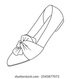 Zapatos planos de ballet de punta puntiaguda de las mujeres con arco Cómodo punto Zapatos planos elegantes Arte de línea, bosquejo técnico Dibujo a mano Esquema Vector doodle lado vista isométrica aislado sobre fondo blanco