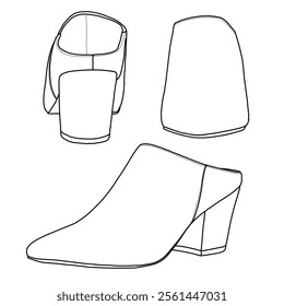 Women's Pointed Toe Block-Heeled Mule shoes Line art, Technical sketch hand drawing outline vector doodle various view isolated on white background for coloring page