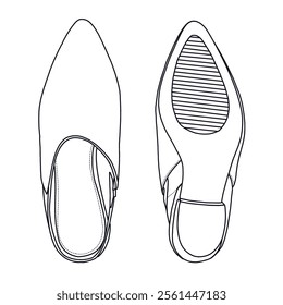 Women's Pointed Toe Block-Heeled Mule shoes Line art, Technical sketch hand drawing outline vector doodle top and bottom view isolated on white background for coloring page