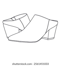 Women's Pointed Toe Block-Heeled Mule shoes Line art, Technical sketch hand drawing outline vector doodle side and rear view isolated on white background for coloring page