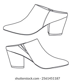 Women's Pointed Toe Block-Heeled Mule shoes Line art, Technical sketch hand drawing outline vector doodle pairs side  view isolated on white background for coloring page