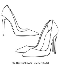 Damen Zehenspitzen High Heels Hochzeitskleid Schuhe,Niedliche Abend Stilettos Line Art, Technische Skizze Handzeichnung Umriss Vektor Doodle Illustration, Seitenansicht einzeln auf weißem Hintergrund