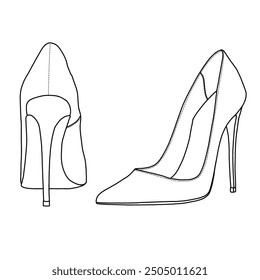 Damen Zehenspitzen High Heels Brautkleid Schuhe,Niedliche Abend Stilettos Line Art, Technische Skizze Handzeichnung Umriss Vektor Doodle Illustration, Seite und Rückansicht einzeln auf weißem Hintergrund