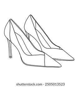 Women's Pointed Toe High Heels Pumps Slip on Dress Schuhe Linie Kunst, Technische Skizze Handzeichnung Umriss Vektor Doodle Illustration, Seitenansicht einzeln auf weißem Hintergrund