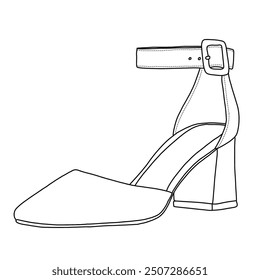 Women's Pointed Toe High Heels Closed Toe Ankle Strap Pump Shoes Line Art, technische Skizze Handzeichnung Umriss Vektor Doodle Illustration isometrische Ansicht einzeln auf weißem Hintergrund