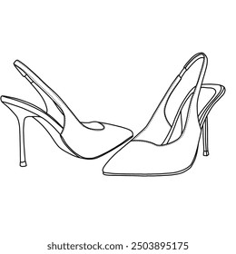 Women's Pointed Toe Slingback, High Stiletto Heels, Technical sketch hand drawing outline vector doodle illustration, side view isolated on white background