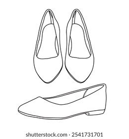 Damen Pointed-Toe Ballett Flachschuhe Linie Kunst, Technische Skizze Handzeichnung Umriss Vektor Doodle Illustration verschiedene Ansicht einzeln auf weißem Hintergrund