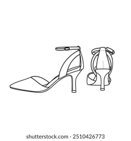 Frauen spitzen Zehe High Heels Pumps Slip-on Kleid Schuhe Linie Kunst. Technische Skizze Handzeichnung Umriss Vektor Doodle Illustration, Seite und Rückseite einzeln auf weißem Hintergrund