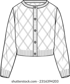 Women's Pointelle Cropped Cardigan. Technical fashion illustration. Front, white colour. Women's CAD mock-up.