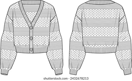 Women's Pointelle Cropped Cardigan. Technical fashion illustration. Front and back, white color. Women's CAD mock-up.