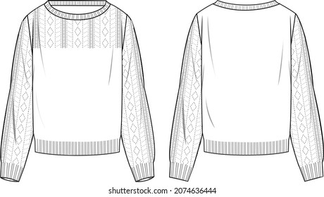 Women's Pointelle Sweater- Sweater technical fashion illustration. Flat apparel sweater template front and back, white colour. Women's CAD mock-up.