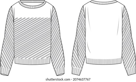 Women's Pointelle Sweater- Sweater technical fashion illustration. Flat apparel sweater template front and back, white colour. Women's CAD mock-up.