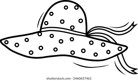 Women's polka dot summer beach hat with ribbon, vector stock illustration. Black and white contour illustration of a hat with a brim.