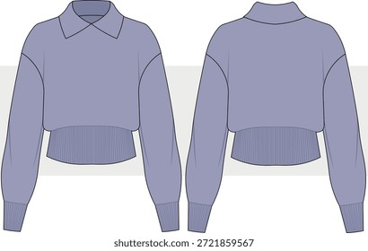 Women's Polo Collar Sweater technical fashion illustration. Sweatshirt fashion flat technical drawing template, front and back view,  CAD mockup