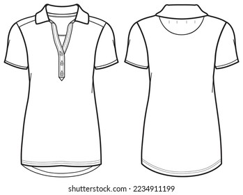 Women's polo collar T Shirt flat sketch fashion illustration drawing template mock up with front and back view