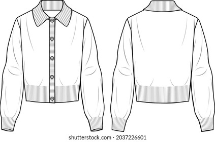 Women's Polo Neck Cardigan- Cardigan technical fashion illustration. Flat apparel cardigan template front and back, white colour. Women's CAD mock-up.