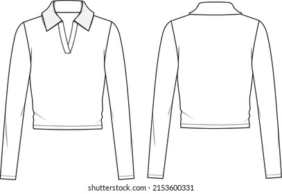 Cropped tie-front shirt technical fashion illustration with notched lapel  collar and long sleeves. Flat apparel blouse template front back, white and  grey color. Women, men and unisex top CAD mockup Stock Vector
