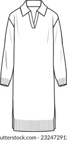 Women's Polo Neck Slouchy Dress - Technical fashion illustration. Front, white. Women's CAD mock-up.