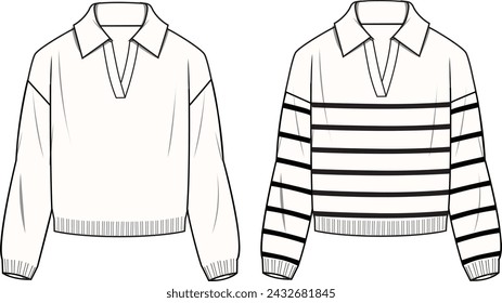 Women's Polo Neck Striped and Solid Jumper. Technical fashion illustration. Front and back, white colour. Unisex CAD mock-up.
