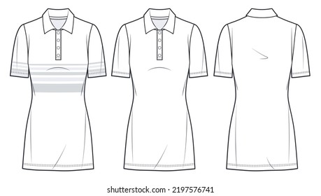 Women's Polo Tee Dress technical fashion illustration.   Mini T-Shirt Dress fashion flat template, short sleeve, slim fitted, stripe design, front and back view, white, women, CAD mockup set.