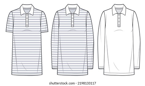 Women's Polo Tee Dress technical fashion illustration. Mini T-Shirt Dress fashion flat template, short and long sleeve, straight fit, stripe design, front and back view, white, women, CAD mockup set.