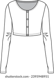 Women's Popper, Scoop Neck, Long Sleeve Crop Top. Technical fashion illustration. Front, white color. Women's CAD mock-up.