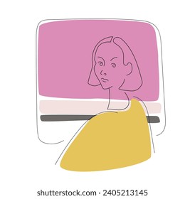 Women's portrait. Contemporary art and exhibitions. View from the window. Beautiful, dreamy person. Pink and yellow colors. Linear illustration. Vector. 
