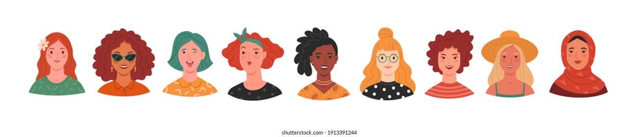 Women's portraits collection. Vector illustration of diverse cartoon women faces in trendy flat style. Isolated on background