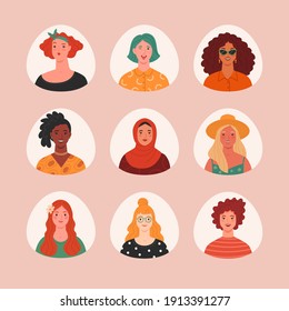 Women's portraits collection. Vector illustration of diverse cartoon women faces in trendy flat style. Isolated on background