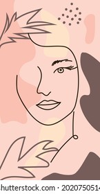 Women's portraits. Female abstract hand-drawn modern portrait, silhouettes of fashionable girls, modern posters with female face. modern poster with one line portrait and tropical leaf illustration.