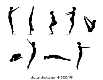 Women's position diving black silhouette isolated on a white background.