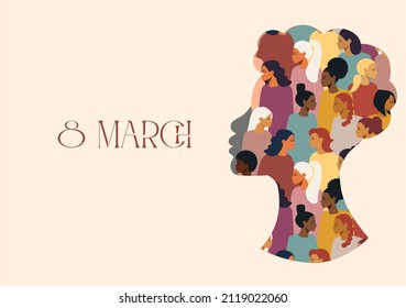 Women's postcard for March 8. International Women's Day. A group of multi-ethnic women. A variety of skin colors and nationalities. Vector illustration