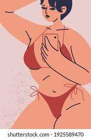 Women's poster, postcard close-up in a swimsuit. Young woman with a phone in her hand and a red bikini. Vector illustration of female beauty and self-love in cartoon style.