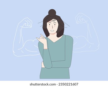 autoconfianza de la mujer de poder de las mujeres Concepto de alta estima, mujer sonriente segura de sí misma, mostrando silueta biceps, enfrentando miedo como un héroe poderoso, sintiéndose poderosa, segura de sí misma con fuerza interior.