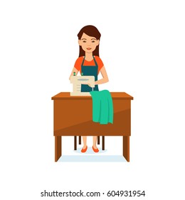 Women's professions concept. A girl in apron seamstress, sitting at a table, sewing a sewing machine and making new products. Vector illustration isolated on white background.