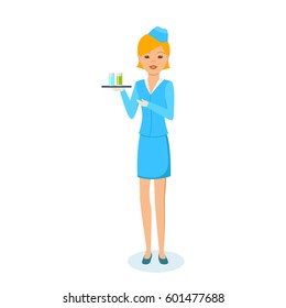 Women's professions concept. The girl in the beautiful, bright clothes of the stewardess, carries a tray with drinks for passengers. Vector illustration isolated on white background.