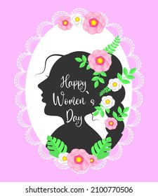 Women's profile Women's day March 8 Decorative silhouette on a pink background Happy womens day holiday Paper cutout girl face with pink spring flowers perfect for web banner or greeting card Vector