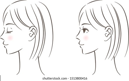 Women's Profile Set, Closed Eyes, Open Eyes, Line Drawing