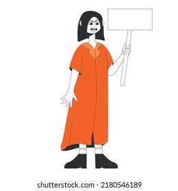 Women's protest activists woman holding signs. The girl in orange dress is holding a placard. Vector stock illustration isolated on white background in flat style. Copy space. Struggle for rights.